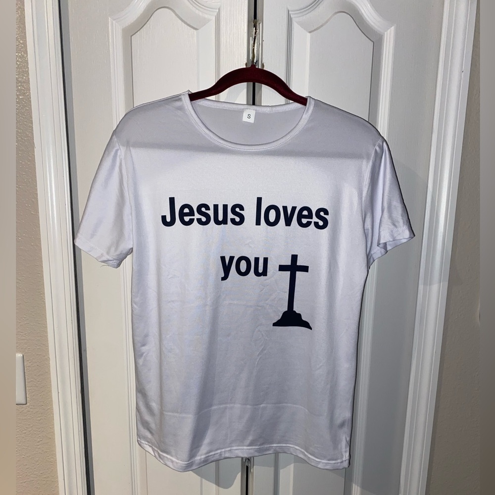 COPY - COPY - NEW White T-Shirt with Bible Jesus loves You VERSE 28:20 kids Sma…